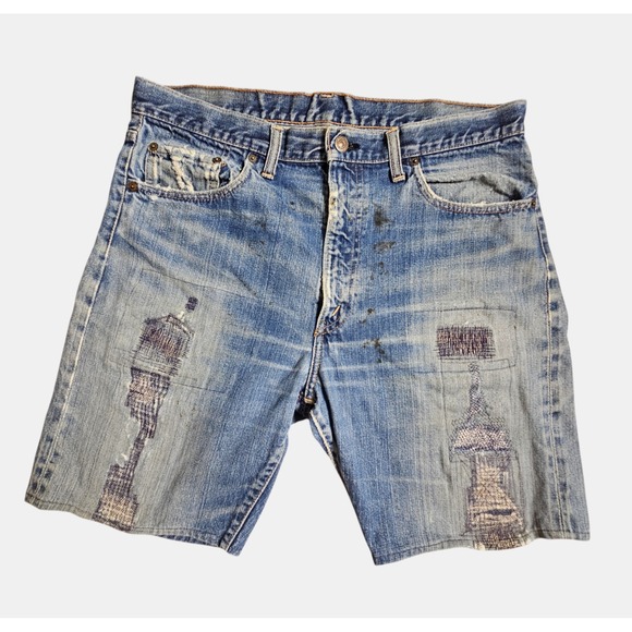 Vintage Levi's Big E Sanforized Denim Jean Shorts Mens 35x9 Thrashed 1of1 Unique - Picture 1 of 13
